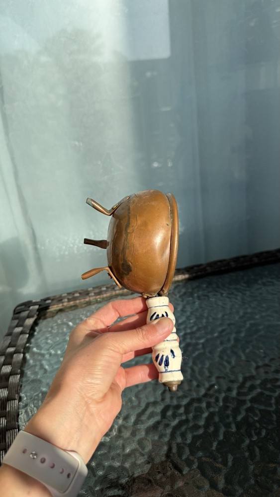 Antique Footed Copper Pot - Posnet With Ceramic Handle