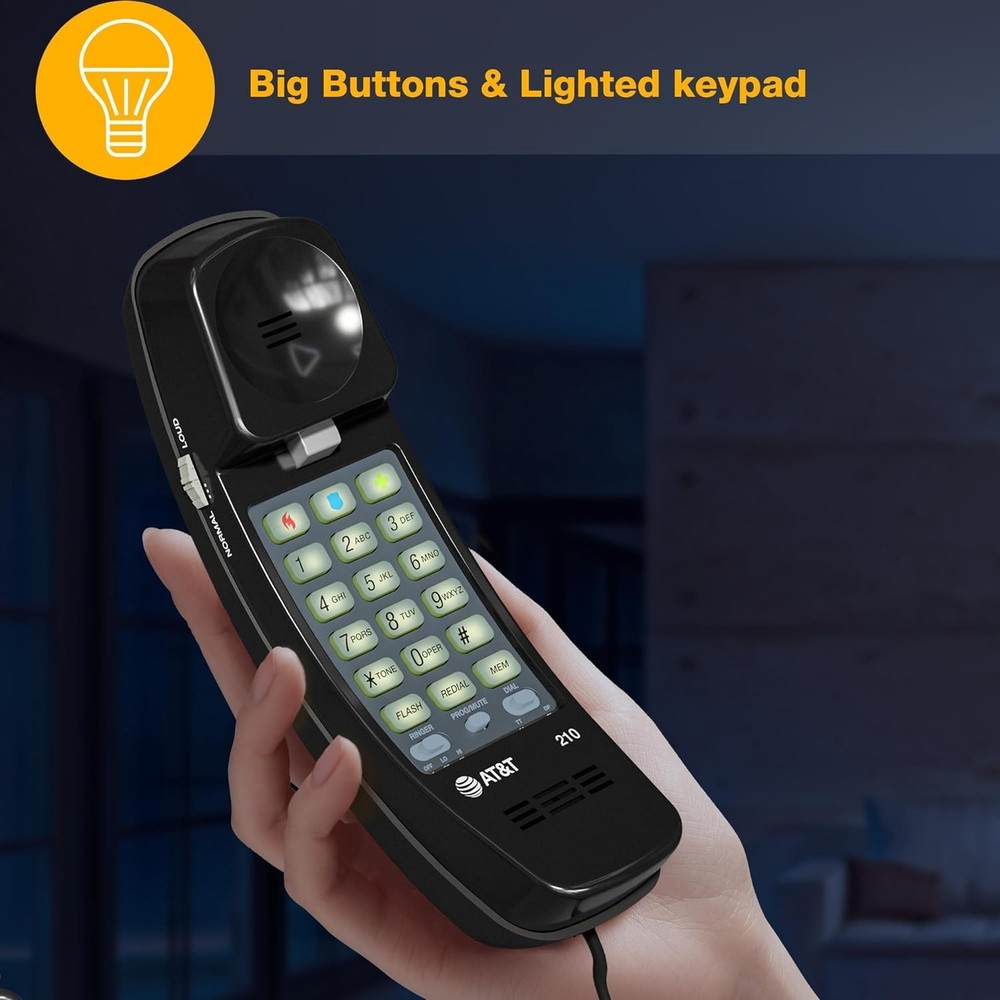 AT&T 210 Basic Trimline Corded Phone Single Line No AC Power Required Black