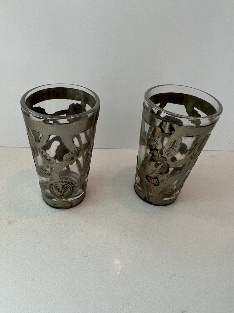 Vintage Hand-Tooled Mexican 925 Silver Openwork Shot Glasses X 2