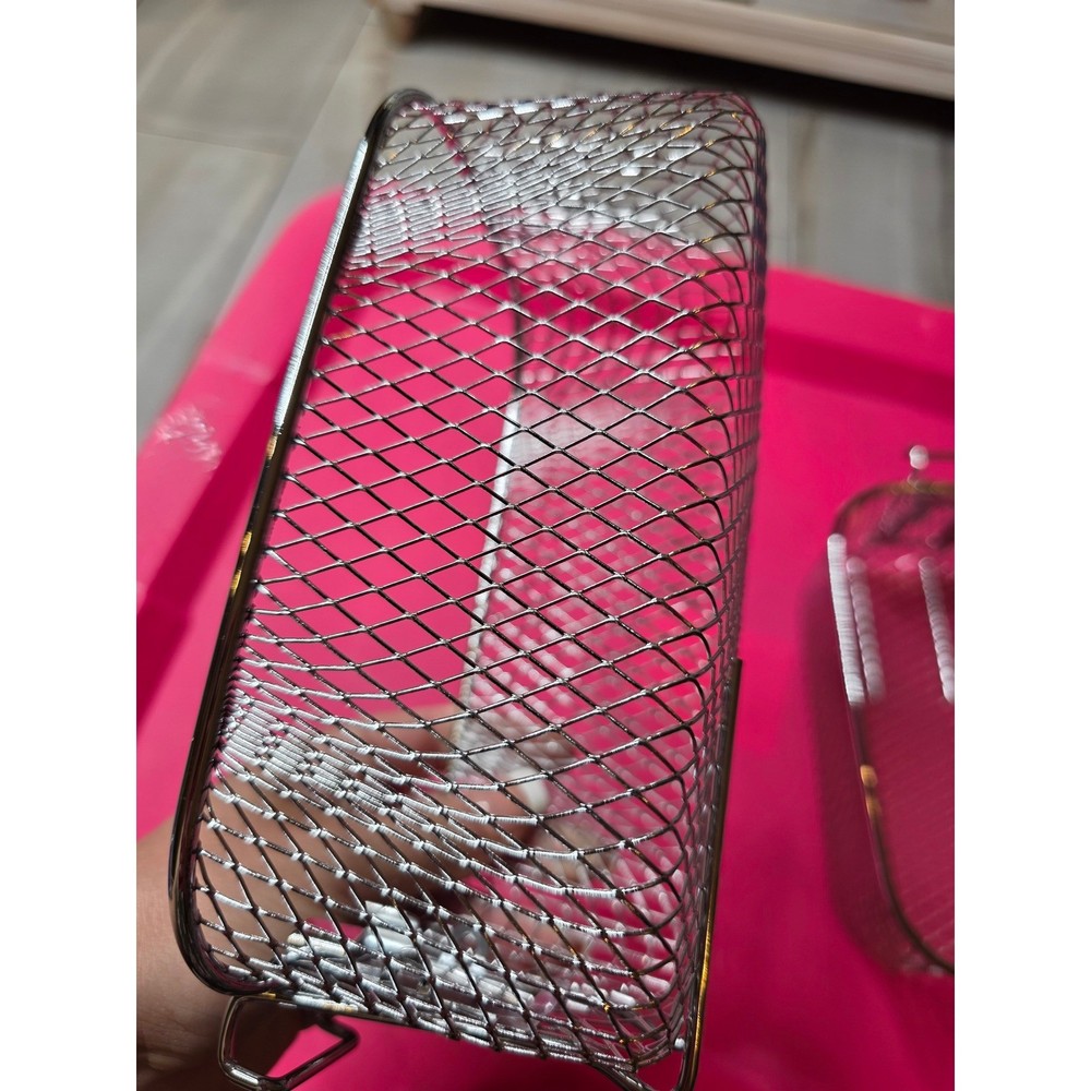 Set of 2 Silver Wire Mesh Deep Fryer Baskets with Hooks 8x4.5x4 Rectangular