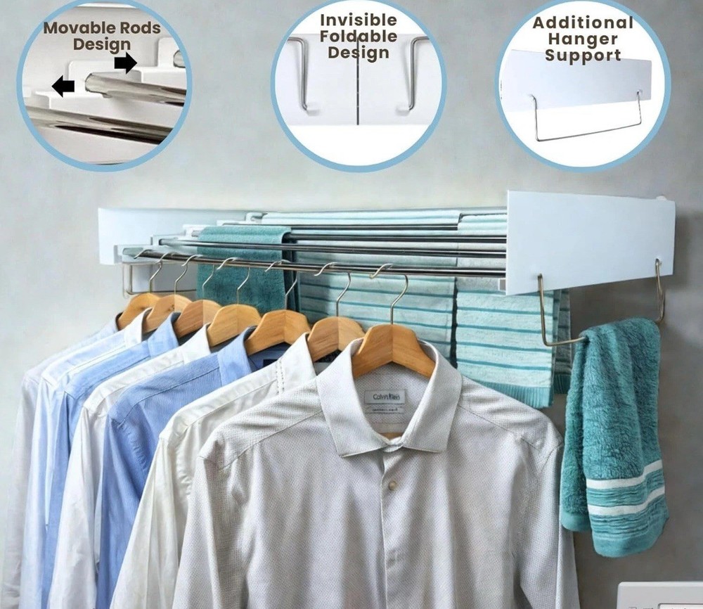 Wall Mounted Drying Rack in White, 31.5 Inch Extending Laundry Rack with 5 Rods