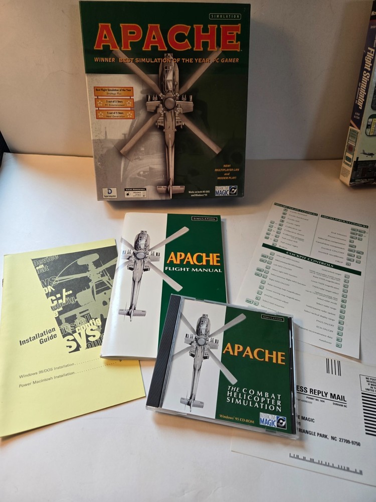 Lot of 3 Vintage PC Computer Big Box Game Wolf Pack, Apache, Flight Simulator