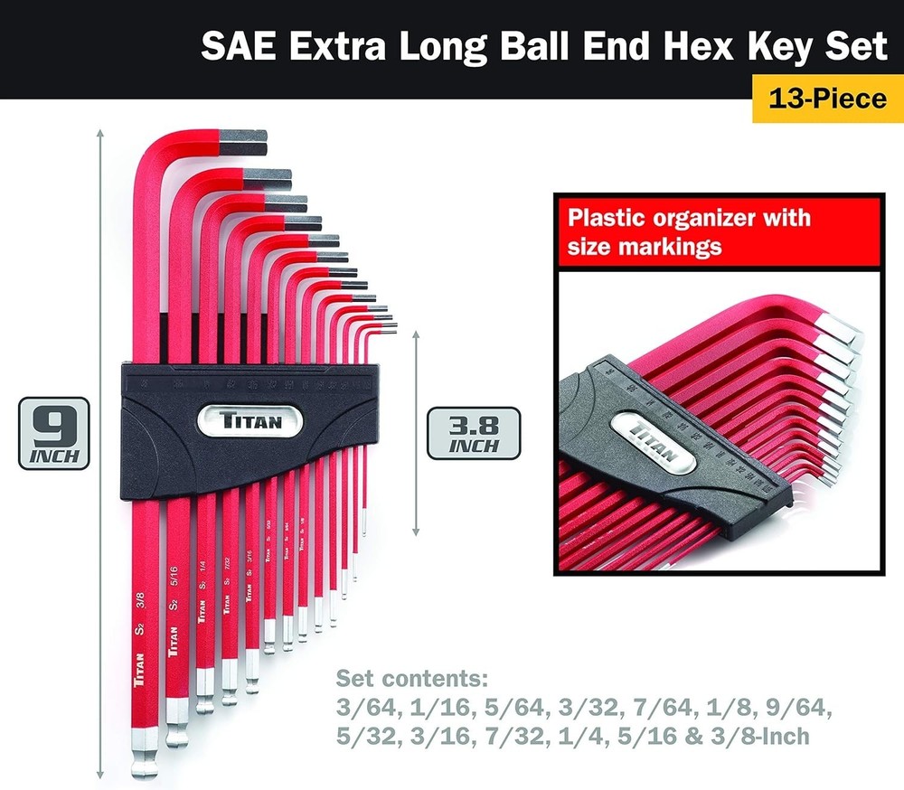 Extra-Long Arm Hex Key Set 13-Piece SAE Steel Ball End Precision Tools