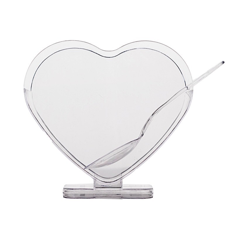 24 Clear 2 oz Mini Plastic Heart Shaped Dessert Cups Spoons Party Decorations