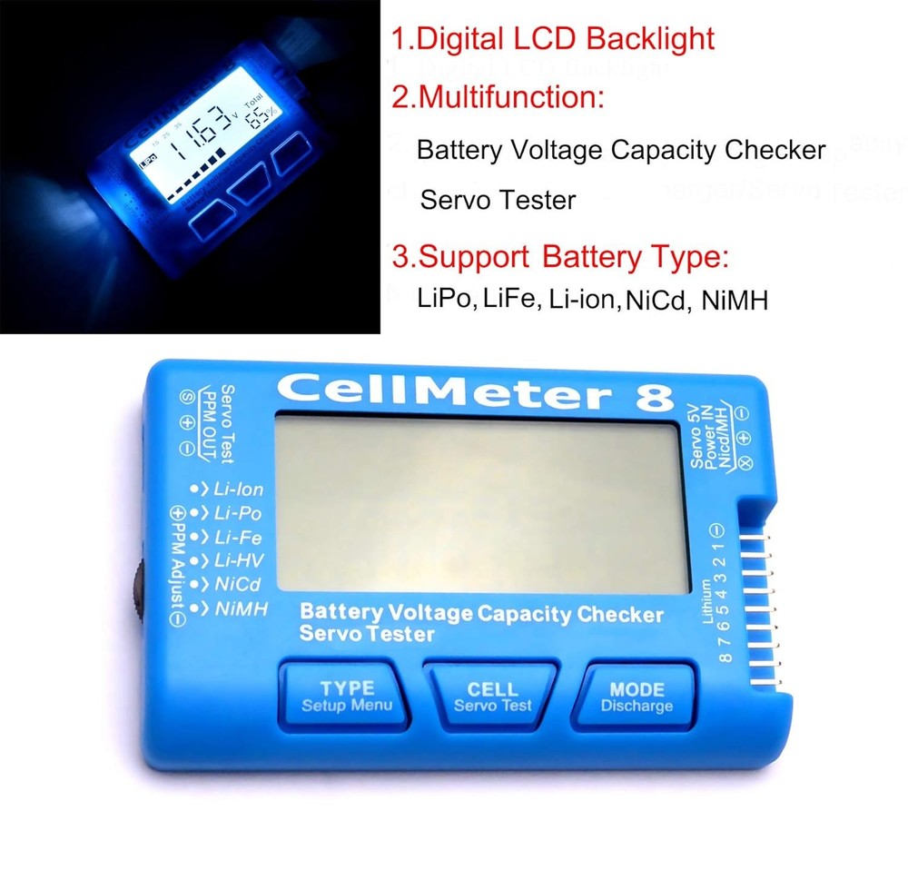 RC CellMeter 8 Digital Battery Capacity Checker Voltage Tester black