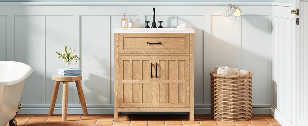 30" Bathroom Vanity with Resin Sink & Door Organizer, Solid Wood Frame