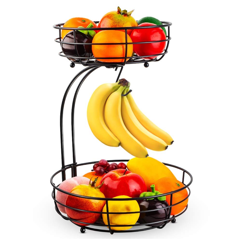 Iron 2-Tier Countertop Fruit Vegetables Basket Bowl Storage With Banana Hange...