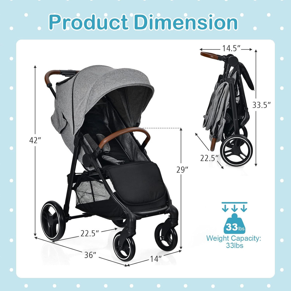 Foldable Baby Stroller with Adjustable Canopy & Storage Basket - Gray