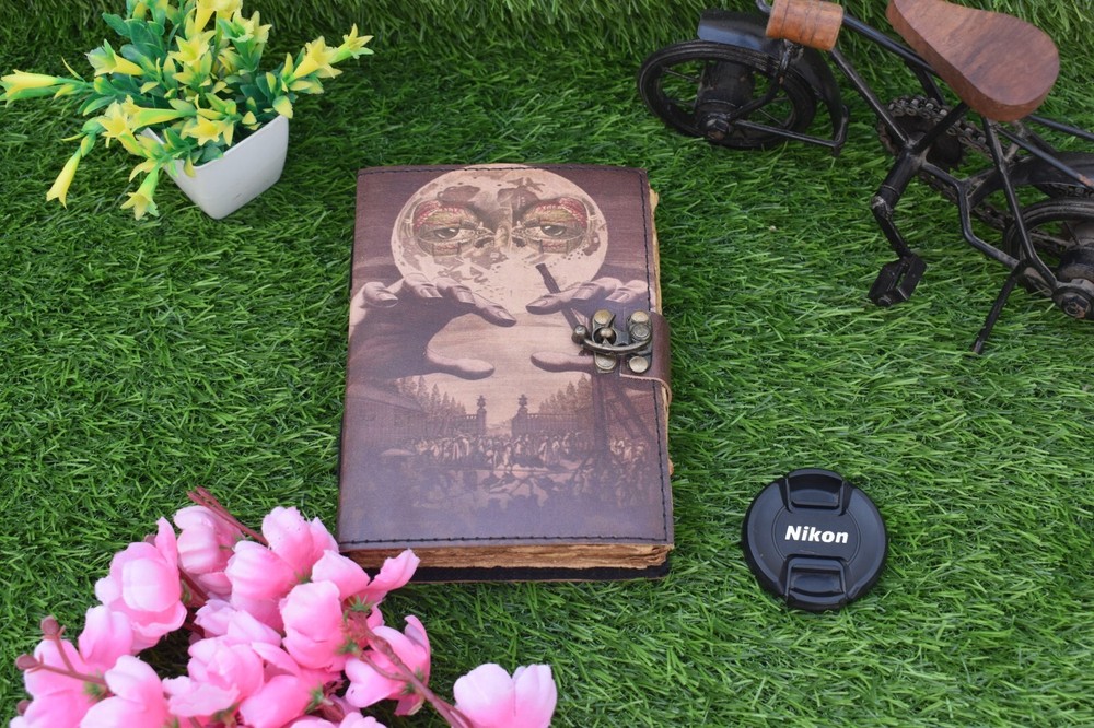 Wicca Moon Magic Witchcraft printed leather journal Deckle edge notebook 7x5"