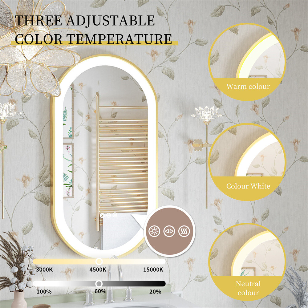 Oval LED Bathroom Mirror Gold Metal Frame Vanity Mirrors Dimmable 3 Touch Switch