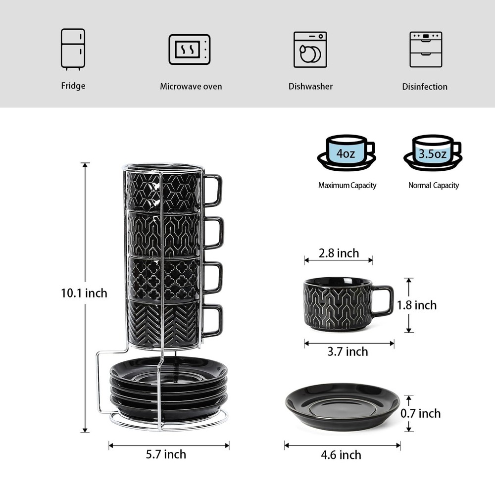 Sureasy 4 Ounce Ceramic Espresso Cups Set of 4 - Stackable Demitasse Cups wit...