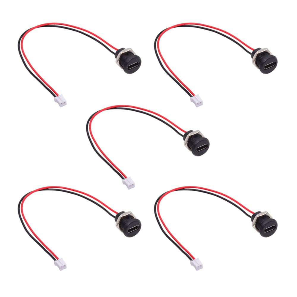 USB-C Female Panel Mount Socket to 2-Pin Pigtail 5V Power Cable 17.5cm, 5 Pack