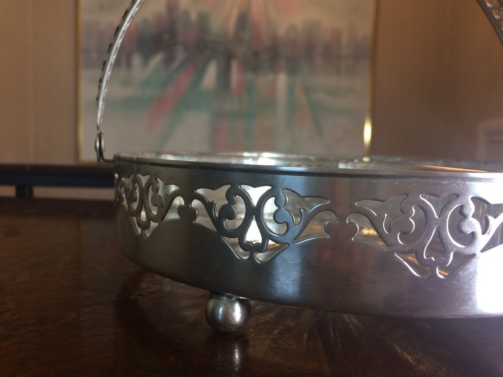 Sheffield Reproduction Silver Plated Serving Dish with Glass Insert and Handle