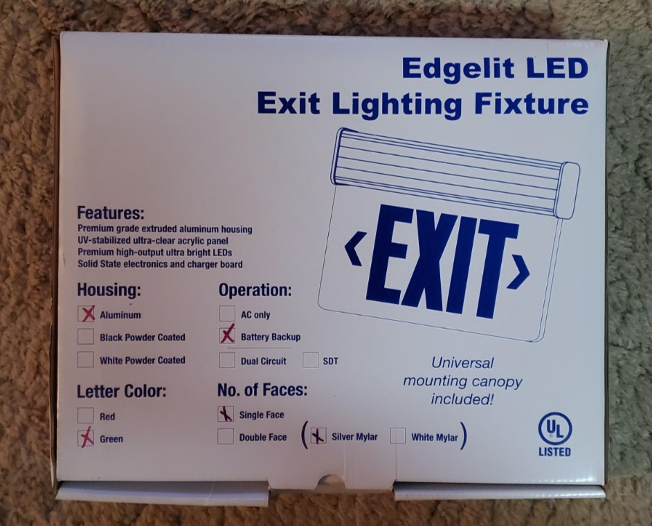 EELP EDG3GSA-EM Edgelit LED Green Exit Light Single Face Fixture