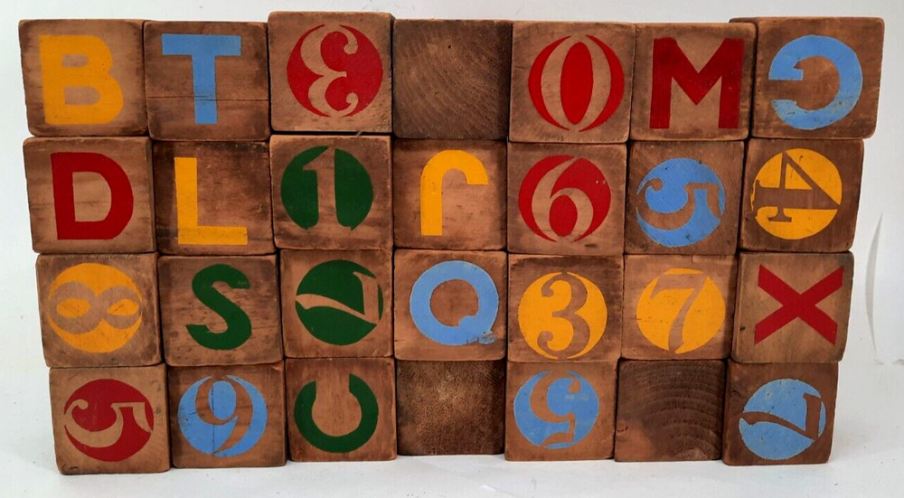 Vintage Whimsie Blocks Full Size 28 Blocks In Pull Wagon