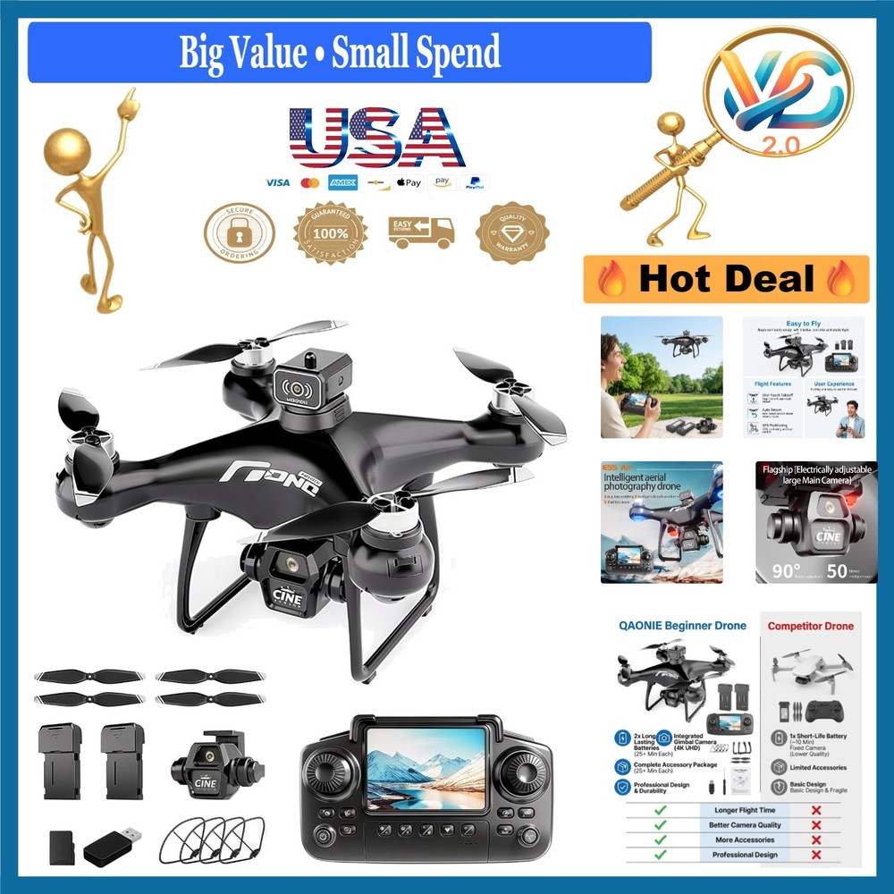 Beginner Foldable Drone with Screen Controller 720p HD Camera 2 Batteries Black