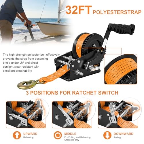 Boat Trailer Winch Heavy Duty Hand Winch with 33FT Polyester Strap, 3500lbs