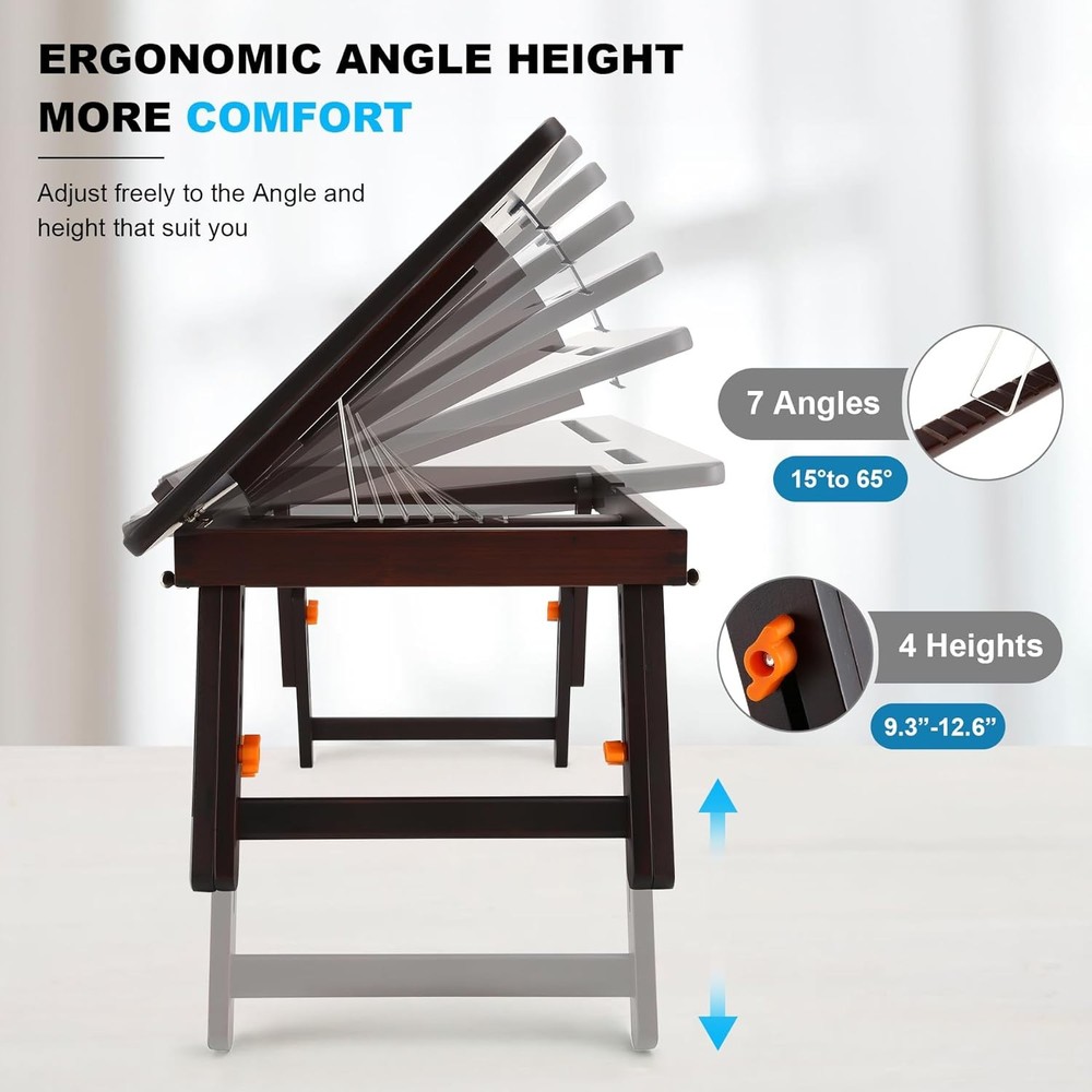 Drawing Table Foldable Drafting Desk W/ Adjustable Height & Angle Bamboo Drawing