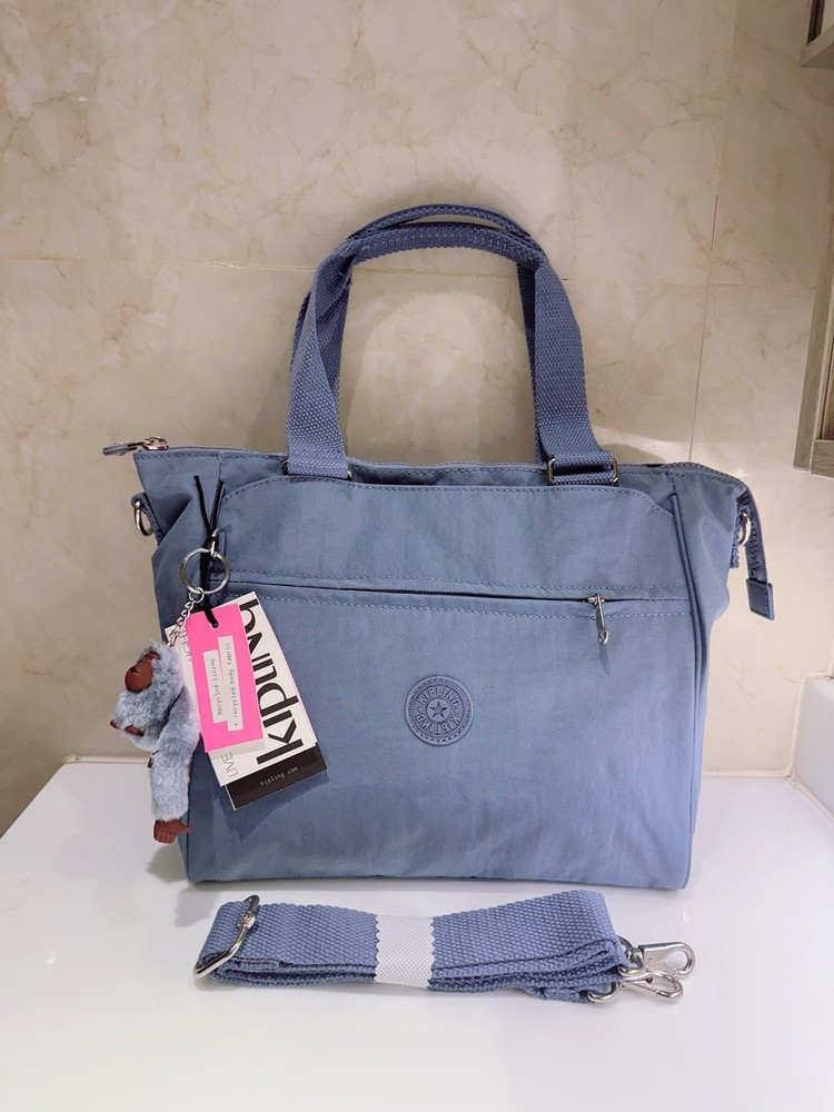 Kipling Light Blue Women's Tote Bag with Monkey Charm and Detachable Strap