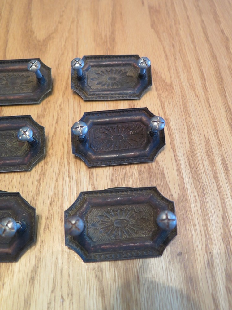 Antique Brass Tone Drawer Pulls Drop Pulls - Set of 9