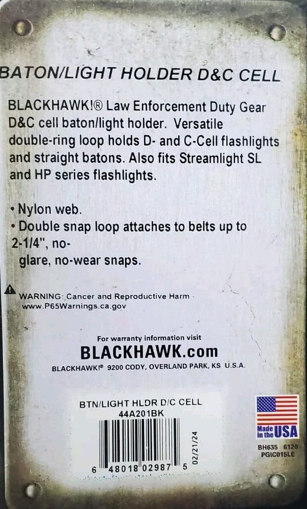 Blackhawk Gear Light Baton Holder D&C Cell Belt Loop Slot 44A201BK