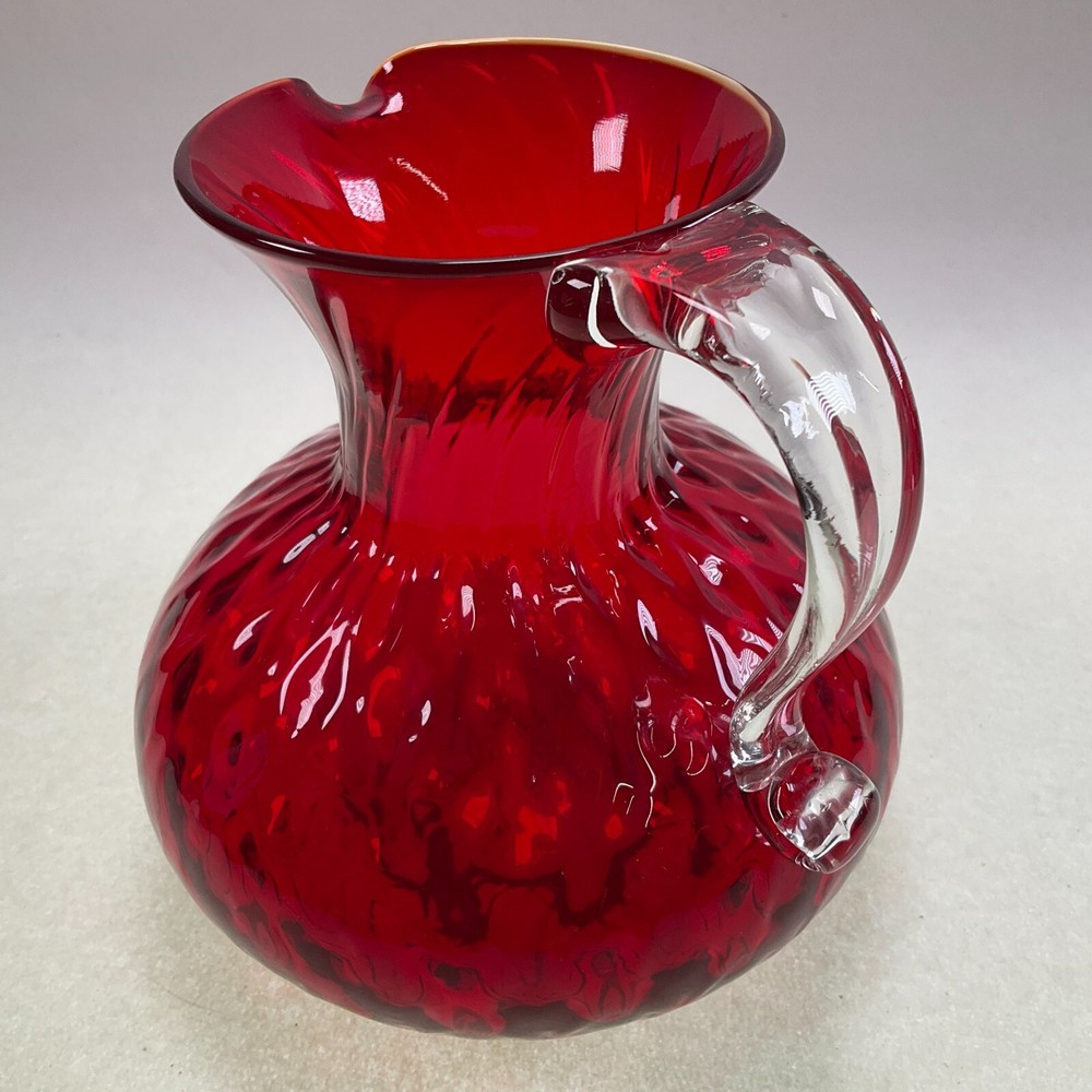 Pilgrim Glass Ruby Red Quilted Optic Pitcher Applied Handle Hand Blown Vintage