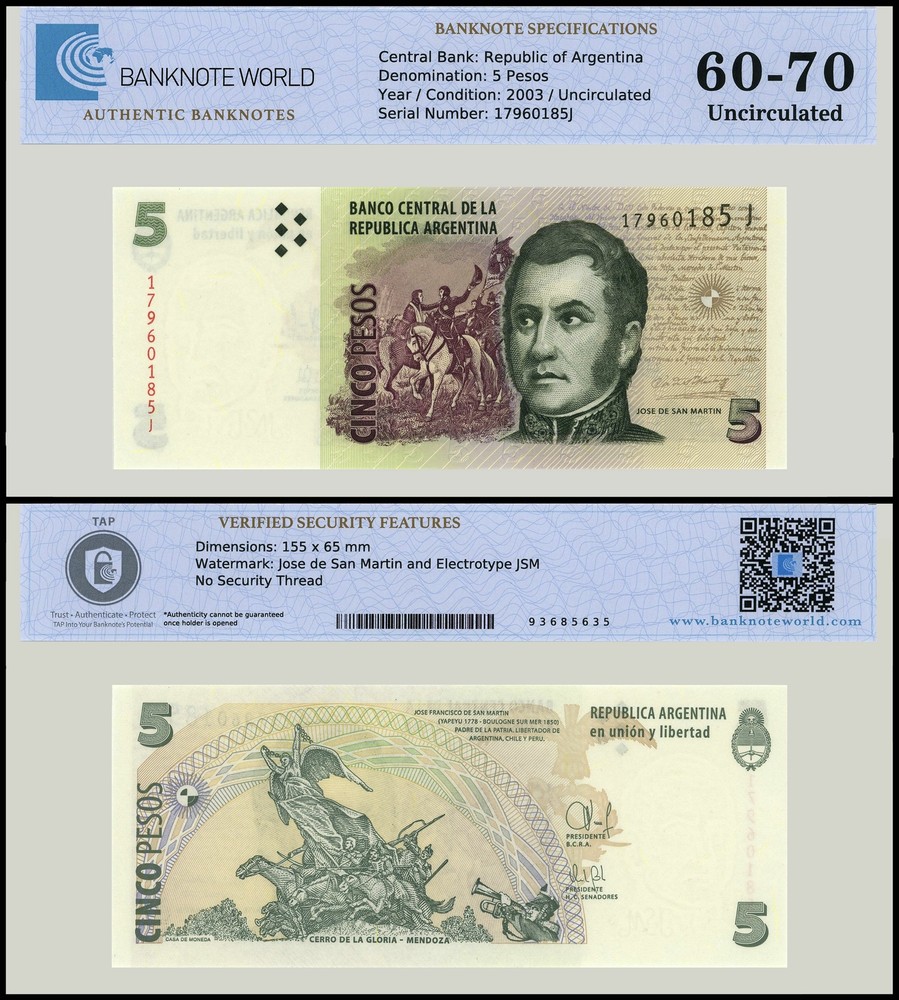 Argentina 5 Pesos, 2003 ND, P-353b.2, UNC, Authenticated Banknote