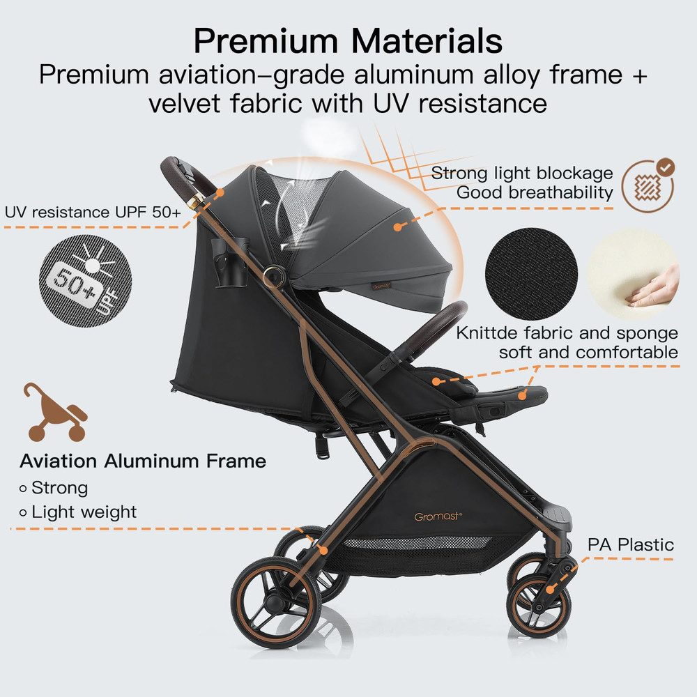 Lightweight Gravity Folding Baby Stroller with Canopy & Cup Holder - Dark Gray
