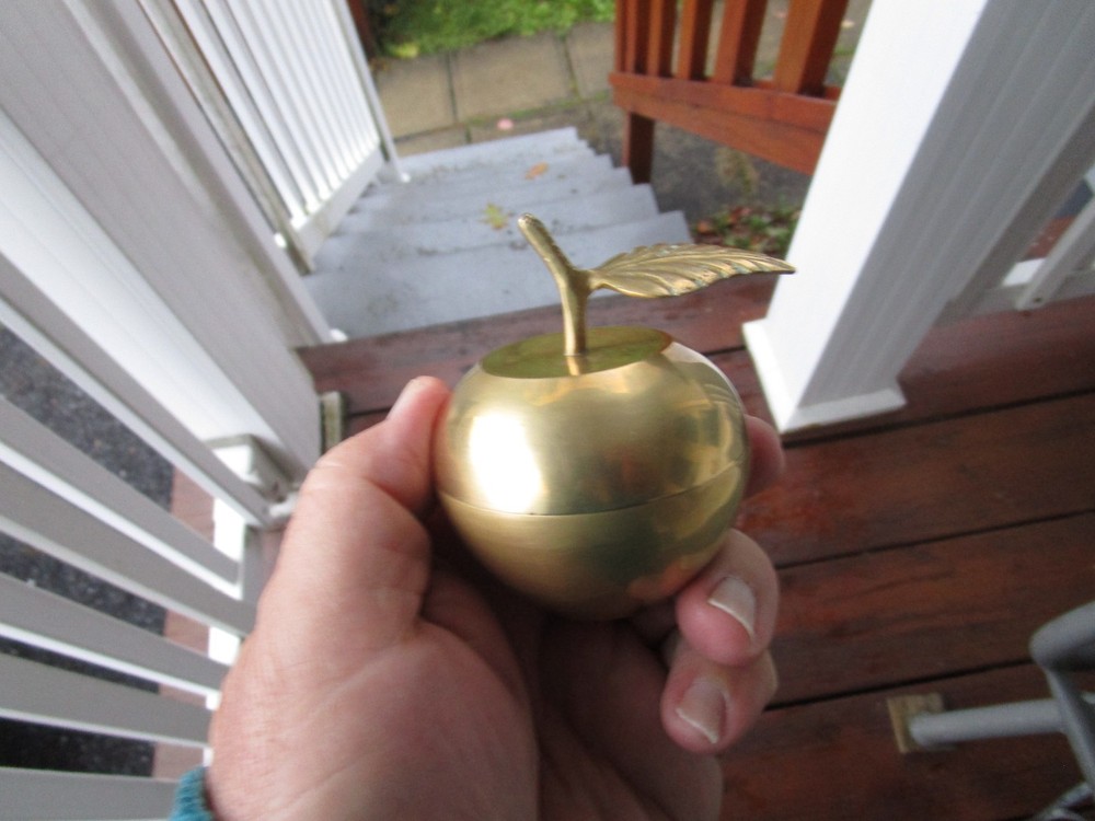 SET OF 3 ~SOLID BRASS ~ [ APPLE DESIGN STASH BOX ]~+PIERCED CANDLE HOLDERS!!!