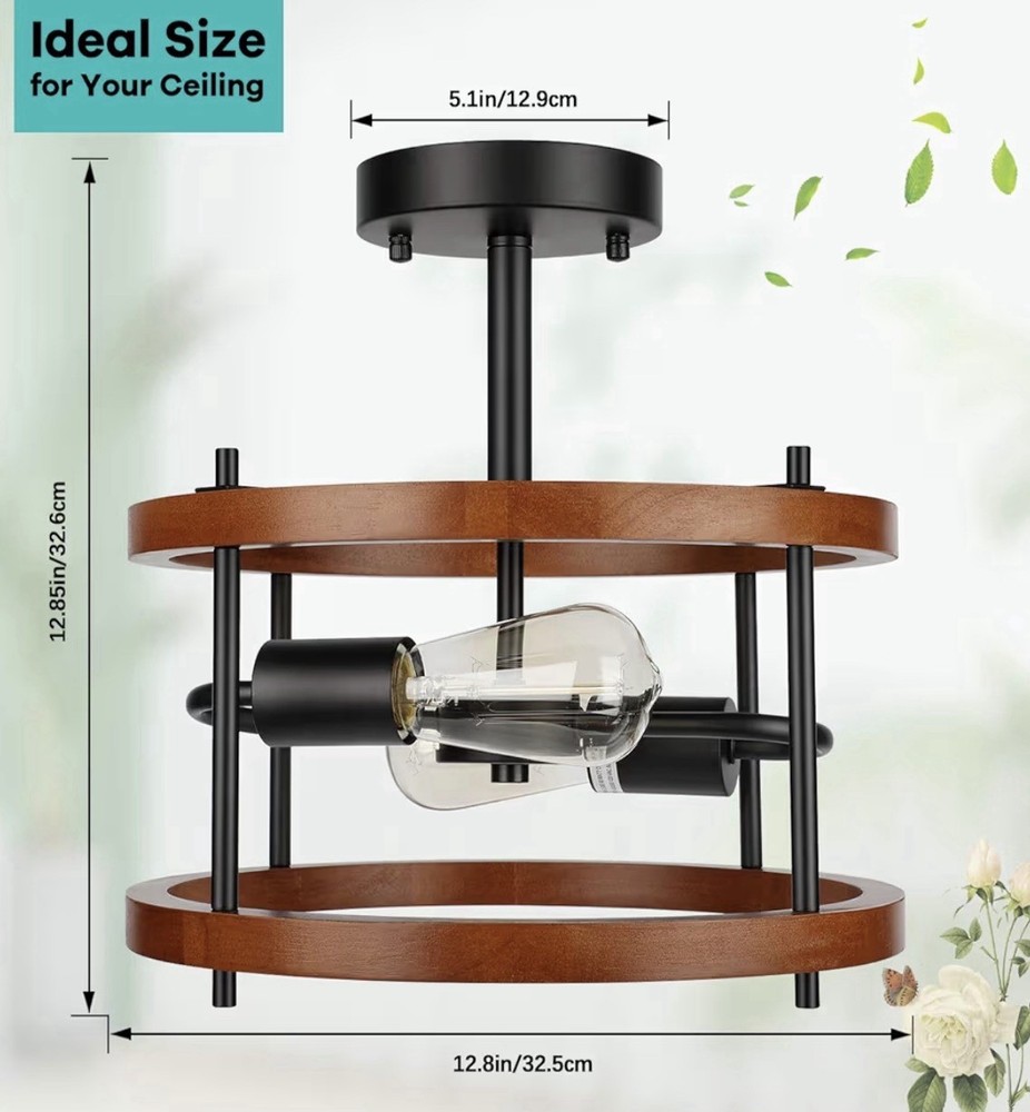 Lakumu 2-Light Retro Semi Flush Mount Ceiling Light (1-Pack) Cherry Industrial