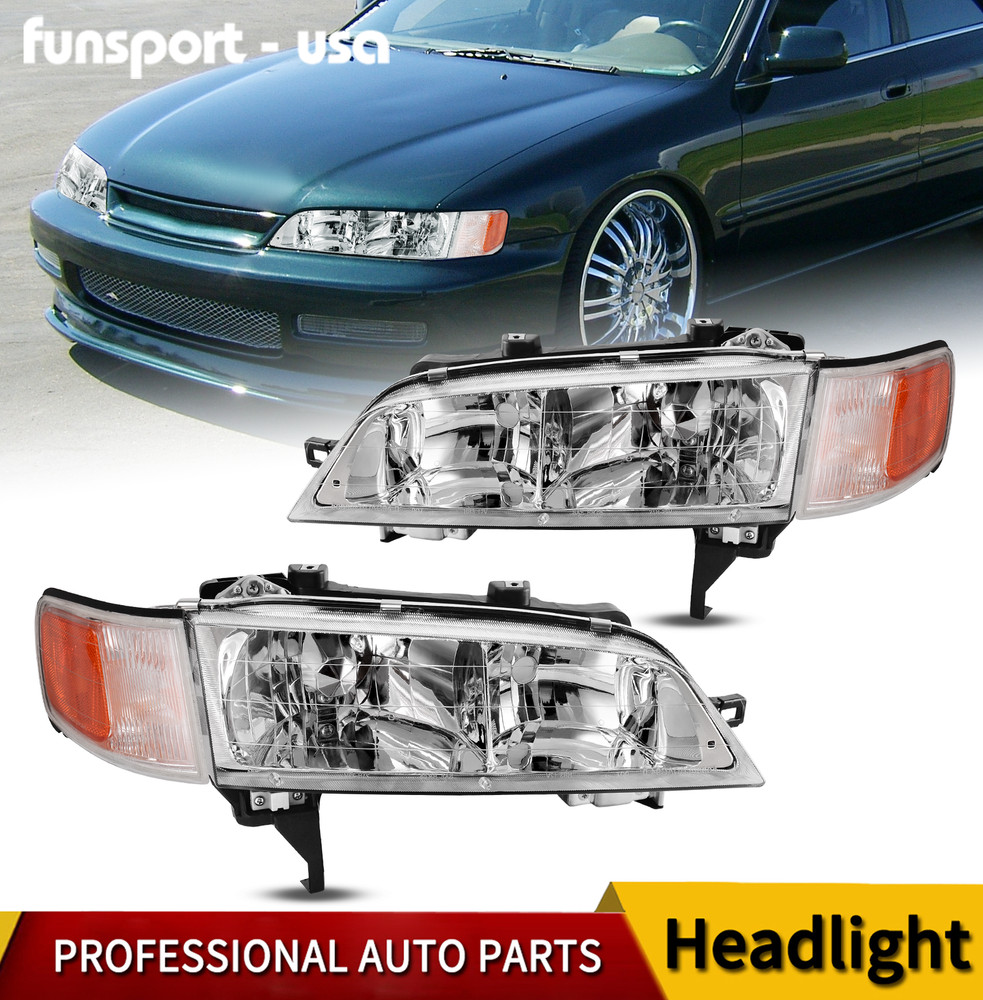 Chrome Headlights Assembly For 1994-1997 Honda Accord Left+Right Side Headlamps