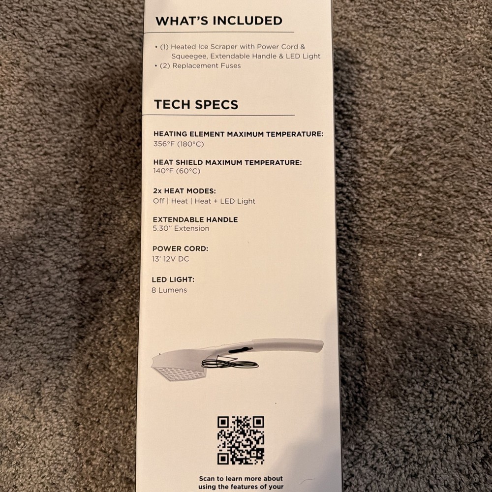 NIB Limitless (White) Heated Ice Scraper & Squeegee 12V W/carCharger & LED Light