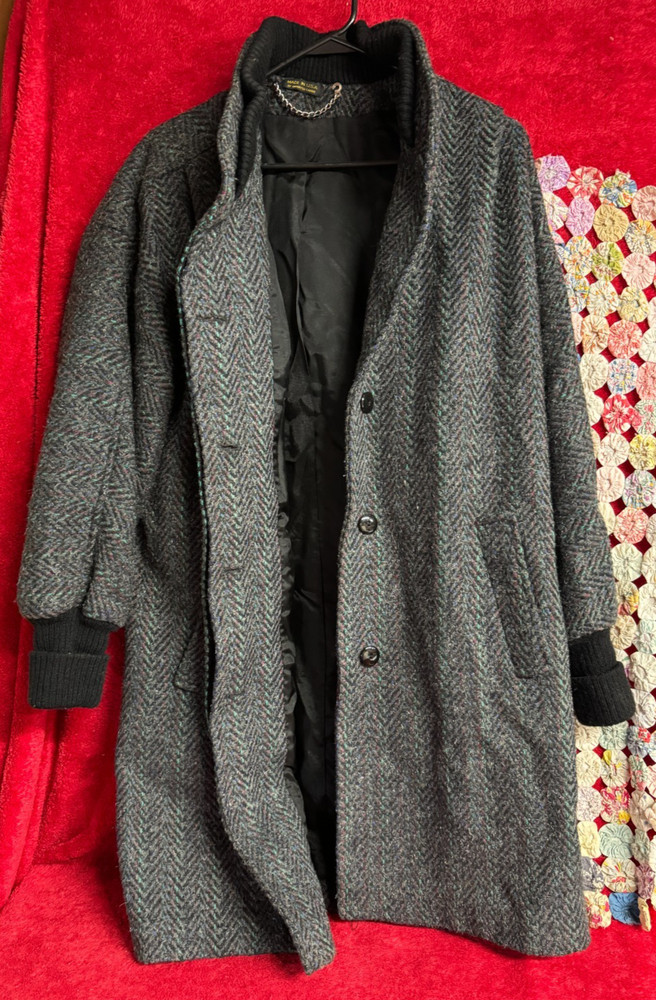 Black & Grey Wool Coat with Textured & Multicolor Threads