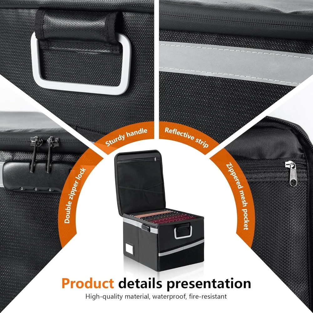 Fireproof Waterproof Document Box with Lock - Portable File Organizer (Black)