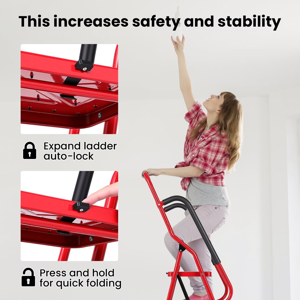 3 Step Ladder with Hankdrails, Folding Step Stool with Safety Lock, Red