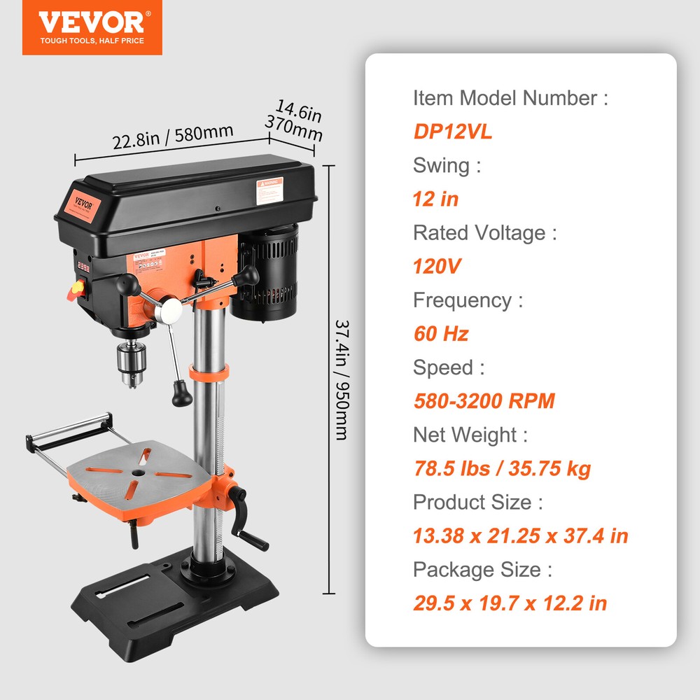VEVOR 12 Inch 5 Amp Benchtop Drill Press Cast Iron Drill Press Variable Speed