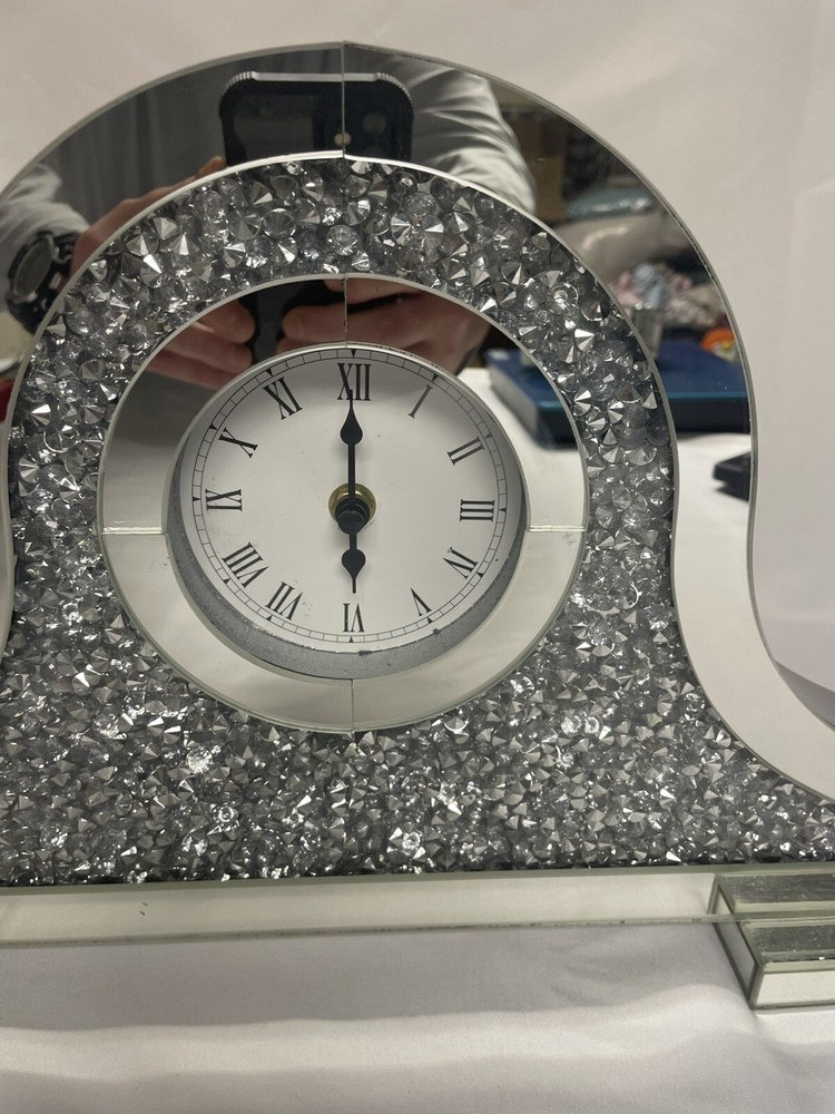 Sparkle 15.7 In. Contemporary Silver Crystal Table Clock Works!!!