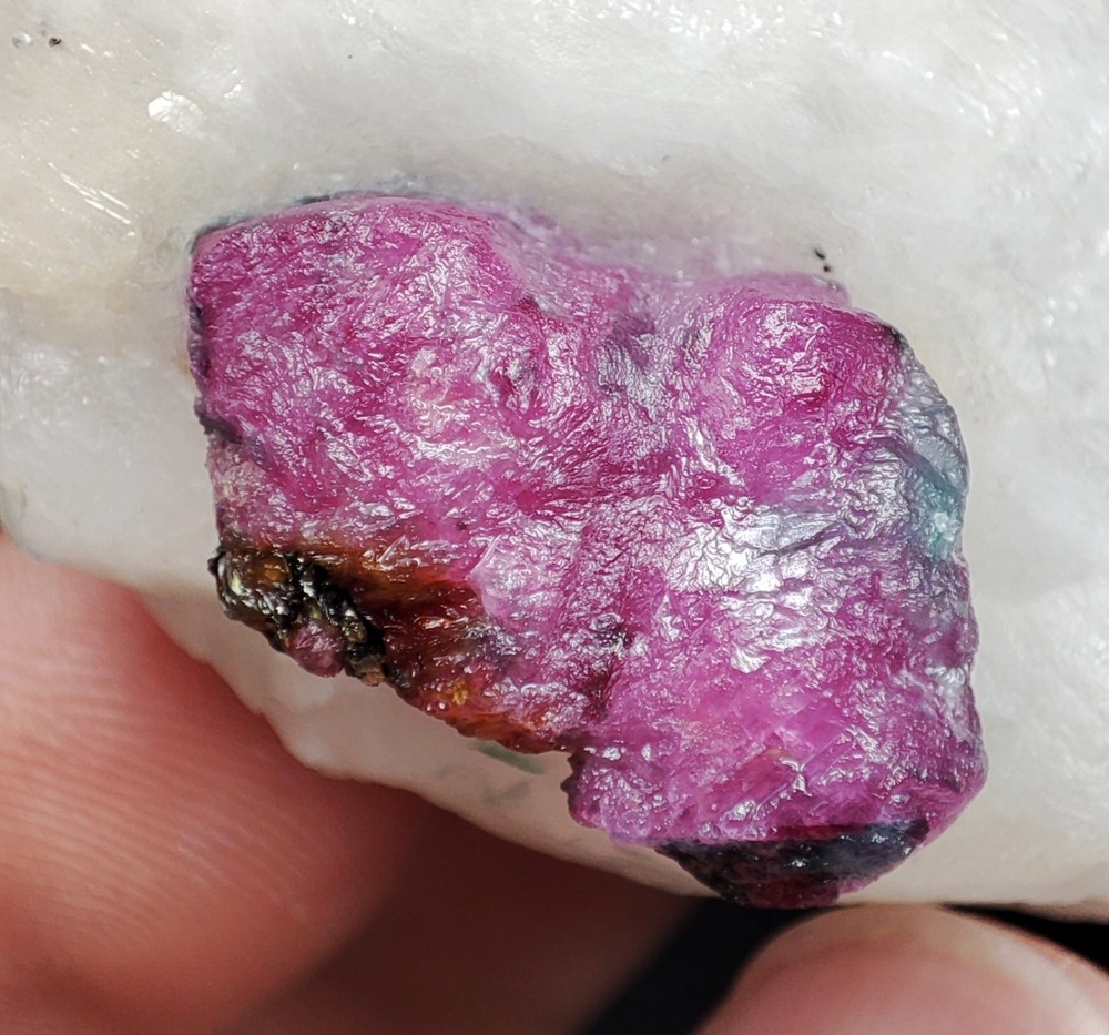 Fluorescent Red Ruby Corundum Twin Crystals on marble with Micro Golden Pyrite