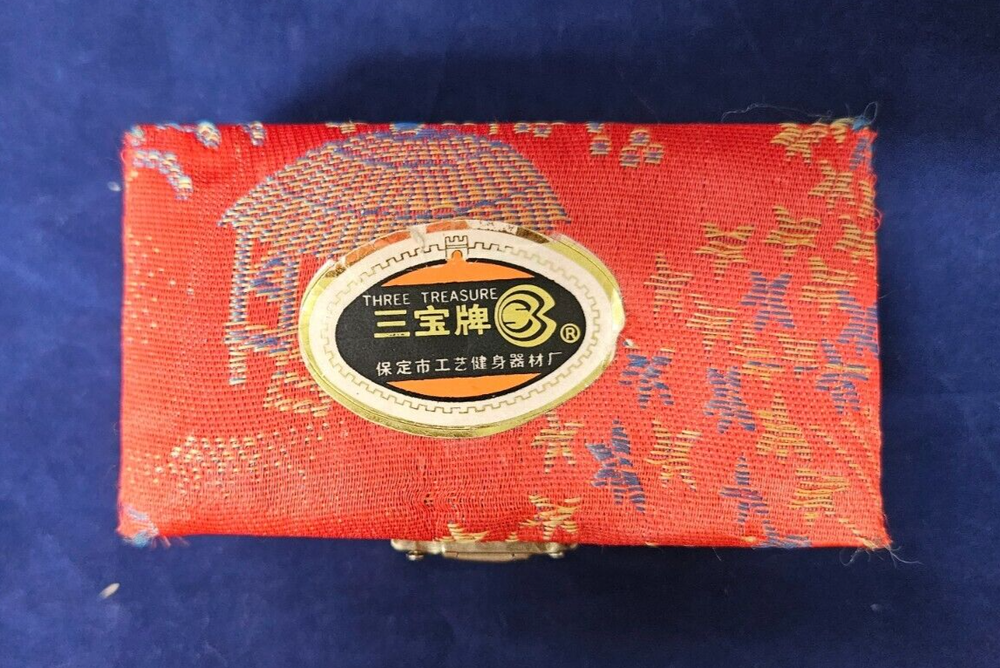 Vintage Chinese Baoding Balls Original Box & Sticker, Chimes, Blue w Panda Bears