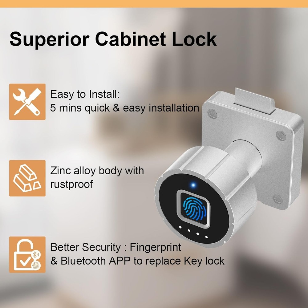 Fingerprint Cabinet Lock, 1-1/4'' Auto Locking Bluetooth Biometric Keyless Lock