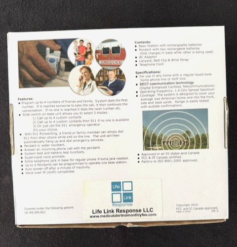LIFE LINK RESPONSE 2 WAY VOICE EMERGENCY RESPONSE SYSTEM, PENDANT & 911 FORWARD