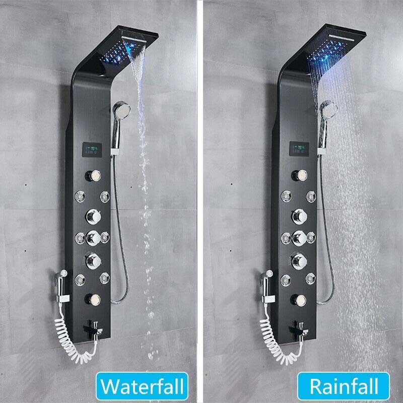 LED Shower Panel Tower System 6Fcuntion Rainfall Head Massage Body Jet Stainless