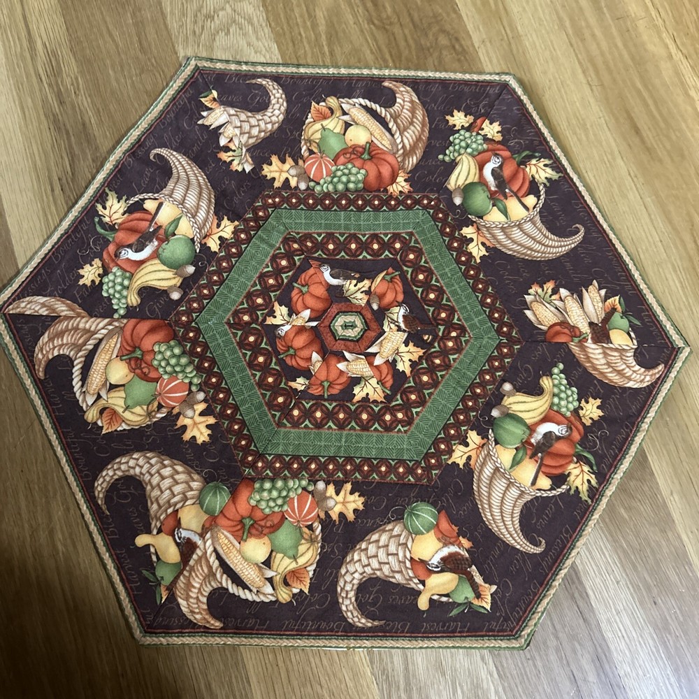 Handmade table topper Hexagon Fall Thanksgiving 21” At Points.