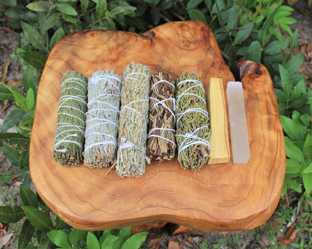 5 Smudge Stick SAMPLER Set Blue Black Cedar Juniper Yerba + Palo Santo, Selenite