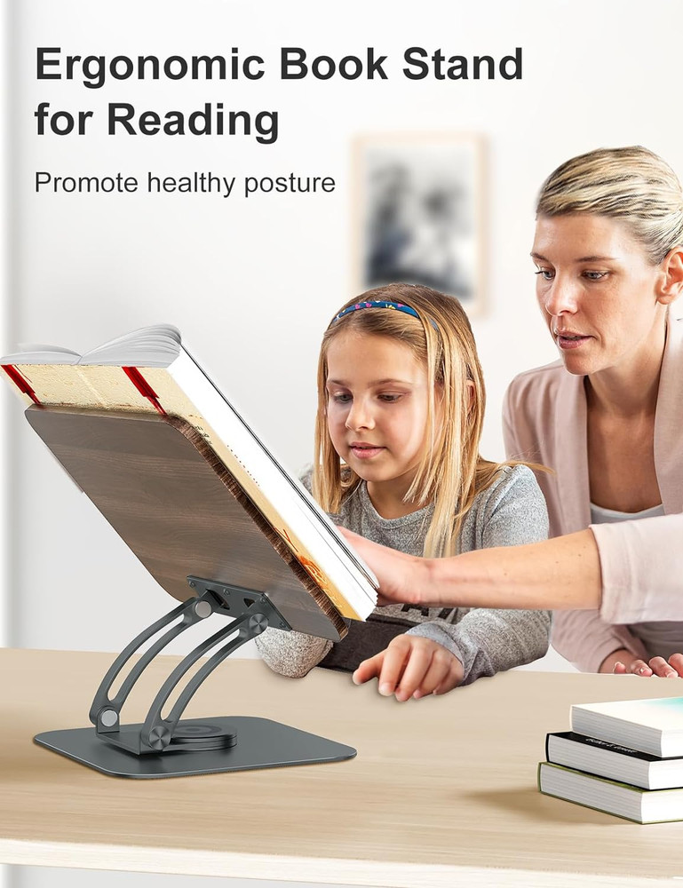 Book Stand for Reading, Adjustable Book Holder with 360° Swivel Base, Foldable