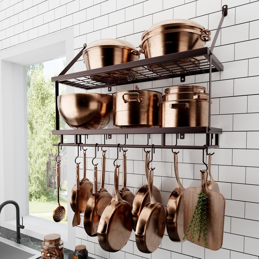 30-Inch Oiled Bronze Pot Rack Wall Mounted, 2-Tier Hanging Pot and Pan Organi...