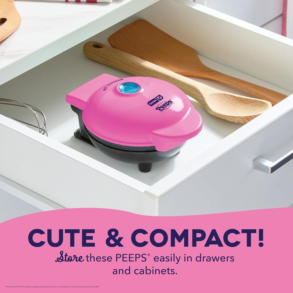 PEEPS Dash Bunny Mini Waffle Maker, 4" Non-Stick, Pink, for Waffles & Chaffles