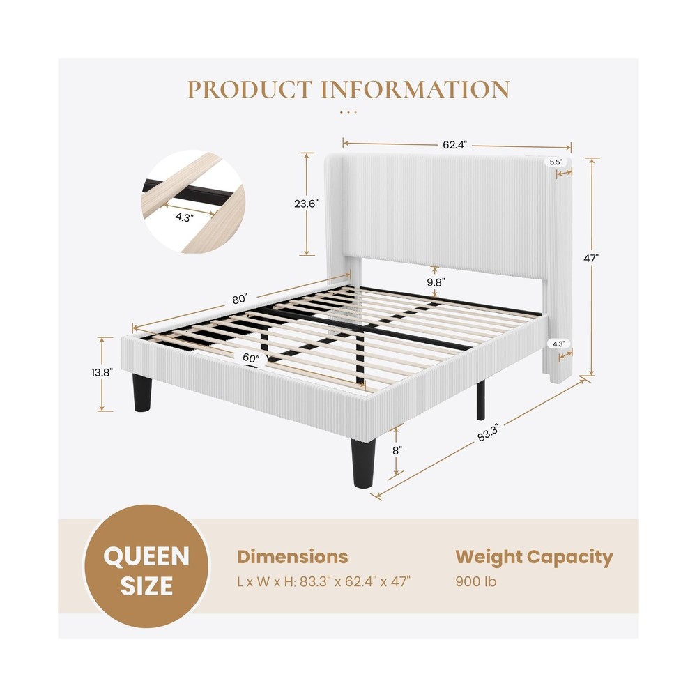 SHA CERLIN Queen Size Corduroy Upholstered Platform Bed Frame with Vertical C...