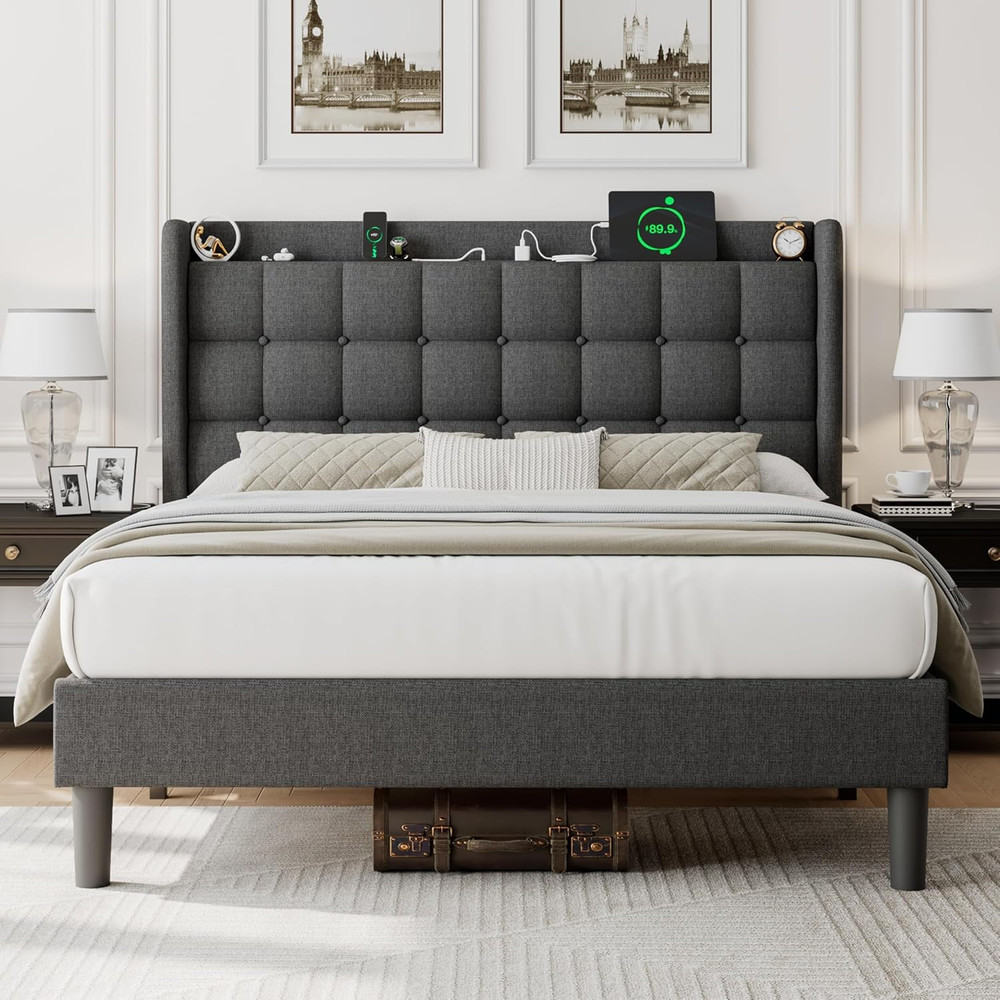 Ipormis Full Size Upholstered Platform Bed, Button Tufted Wingback Bed Frame wit