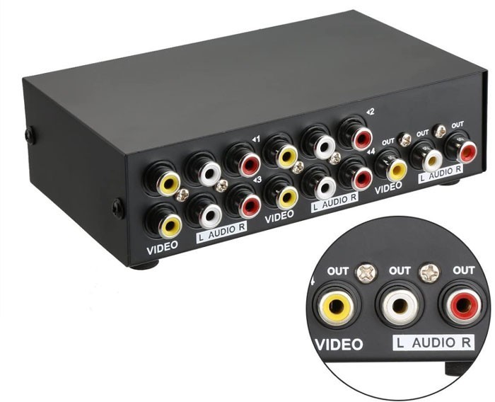 Composite AV Selector Switch – 4 RCA Inputs to 1 Output Video Audio Switch